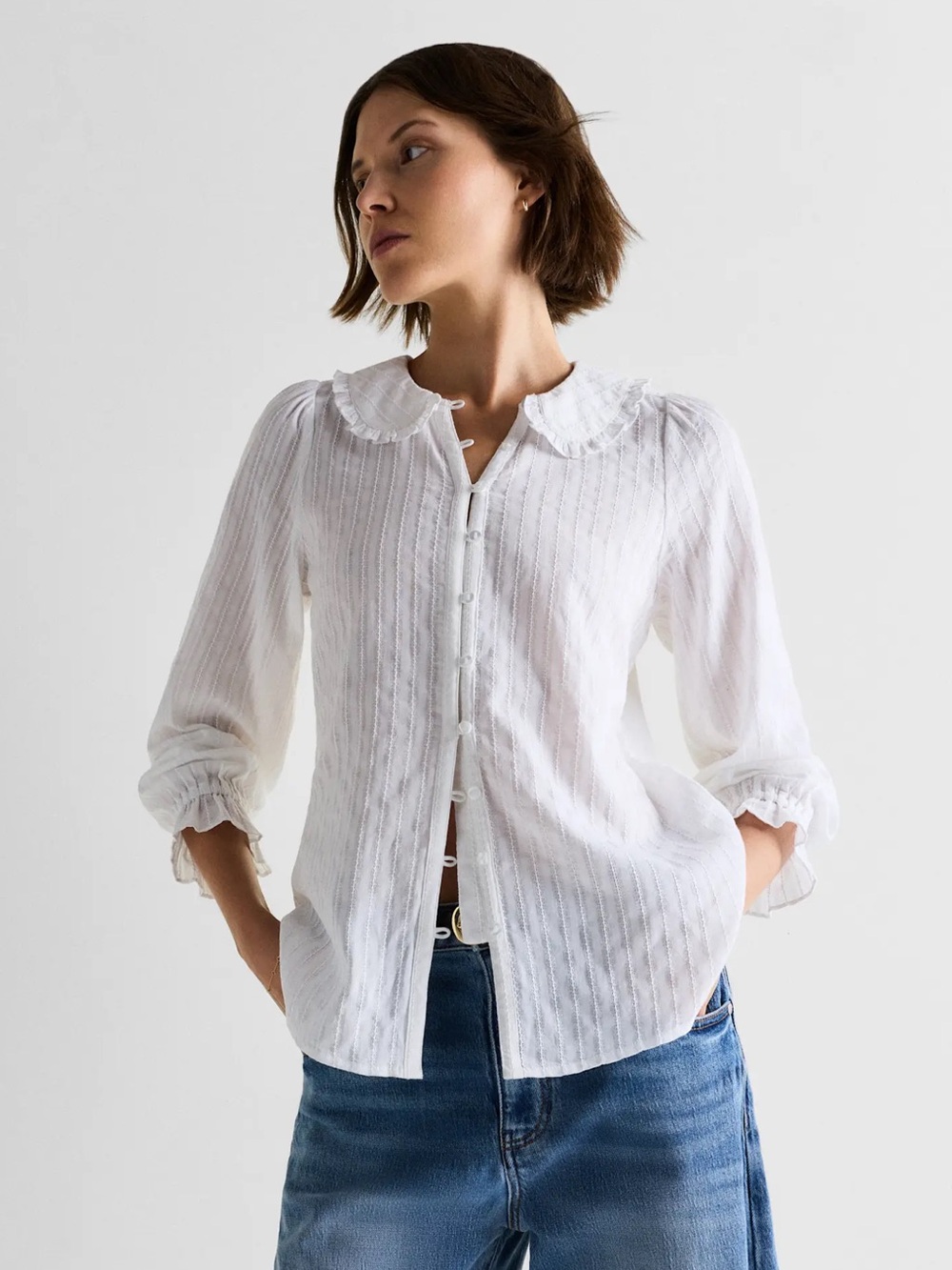 Quince sz S Embroidered organic Cotton Ruffle Collar Long Sleeve cottage Blouse - Picture 2 of 13